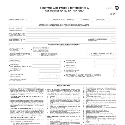 Vista previa del documento Constancia de pagos y retenciones a residentes en el extranjero. Esta forma es de libre impresión. — Ley del Impuesto Sobre la Renta (ISR), México (CERFA n°CRE)