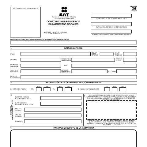 Vista previa del documento Constancia de residencia para efectos fiscales. Esta forma es de libre impresión. — Código Fiscal de la Federación (CFF), México (CERFA n°36)