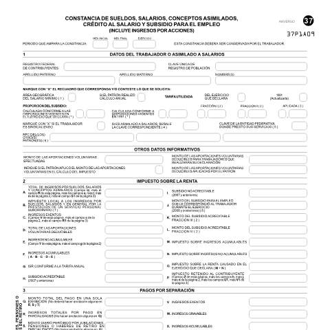 Vista previa del documento Constancia de sueldos, salarios, conceptos asimilados, crédito al salario y subsidio para el empleo. (Incluye Ingresos por Acciones).Esta forma es de libre impresión. — Ley del Impuesto Sobre la Renta (ISR), México (CERFA n°37)
