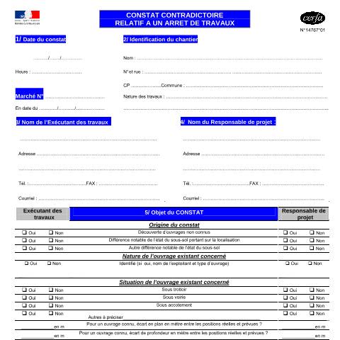Aperçu du document Constat contradictoire relatif à un arrêt de travaux — Professionnels, France (CERFA n°14767*01)
