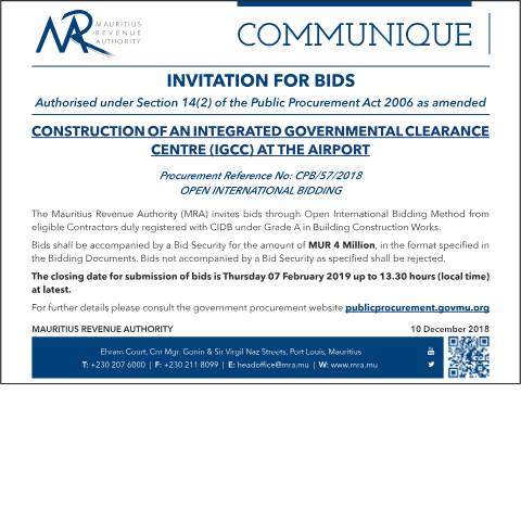 Document preview: Construction of an Integrated Governmental Clearance Centre (IGCC) at the Airport (10.12.18) — Reference, Mauritius (CERFA n°IGCCAirport)