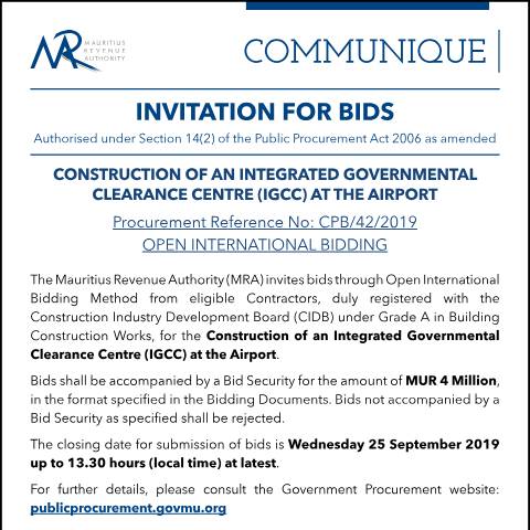 Document preview: Construction of an Integrated Governmental Clearance Centre (IGCC) at the Airport (26.07.19) — Reference, Mauritius (CERFA n°PressNoticeIGCC)