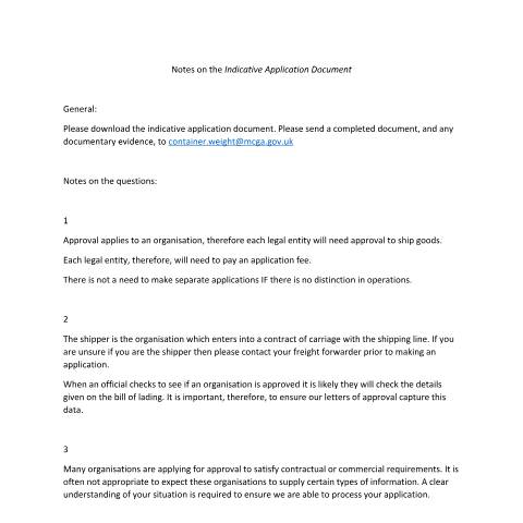 Document preview: Indicative application document for container weight approval — Maritime and Coastguard Agency, United Kingdom
