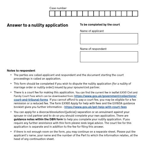Document preview: Answer an application to annul your marriage or civil partnership: Form D8BN — HM Courts & Tribunals Service, United Kingdom