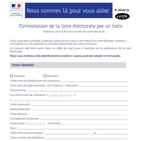 Aperçu du document Contestation de la liste électorale par un tiers — Particuliers, France (CERFA n°16039*01)