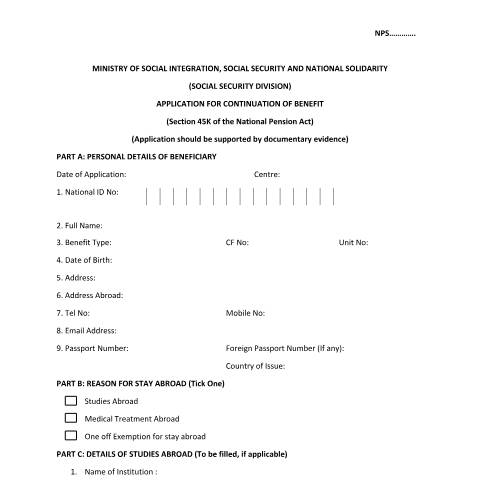 Document preview: Continuation of benefits form — Form, Mauritius (CERFA n°Continuation-of-benefits-form-1)