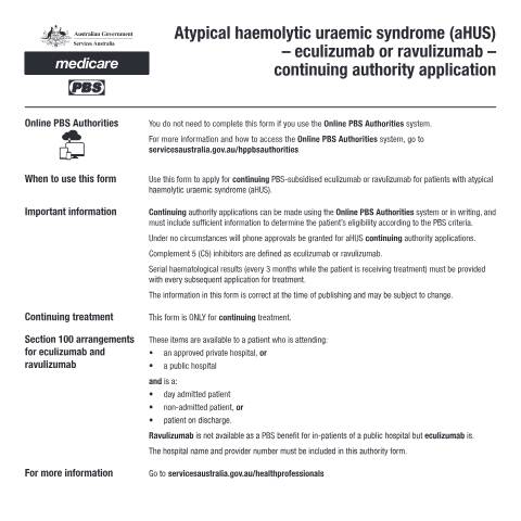 Document preview: Atypical haemolytic uraemic syndrome (aHUS) - eculizumab or ravulizumab - continuing authority application form (PB125) — Services Australia — Health professionals, Australia (CERFA n°PB125)