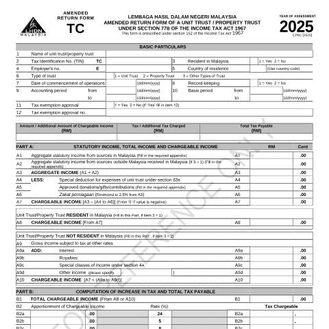 Document preview: Sample of Amended Return Form for Unit Trust / Property Trust 2025 and Appendices — Non-Company and Non-Individual, Malaysia