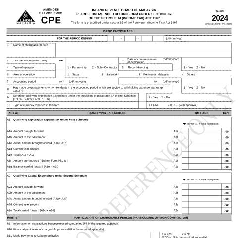 Document preview: Sample of Amended Return Form for CPE 2024 and Appendices — Petroleum, Malaysia