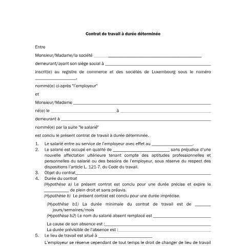 Aperçu du document Contrat à durée déterminée - modèle de la Chambre des Métiers — Contrat recrutement, Luxembourg (CERFA n°modele-n-2-contrat-de-travail-a-duree-determinee)
