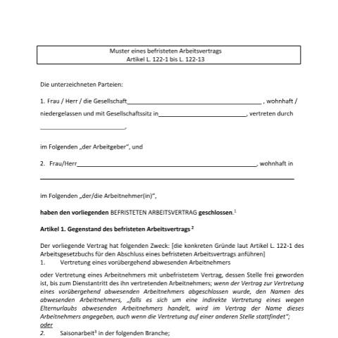 Aperçu du document de Befristeter Arbeitsvertrag – Muster des ITM — Contrat recrutement, Luxembourg (CERFA n°cdd)