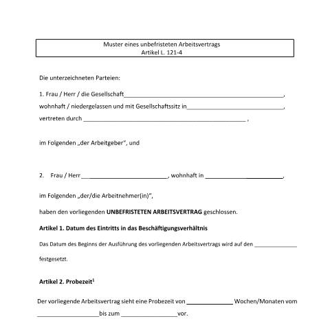 Aperçu du document de Unbefristeter Arbeitsvertrag – Muster des ITM — Contrat recrutement, Luxembourg (CERFA n°cdi)