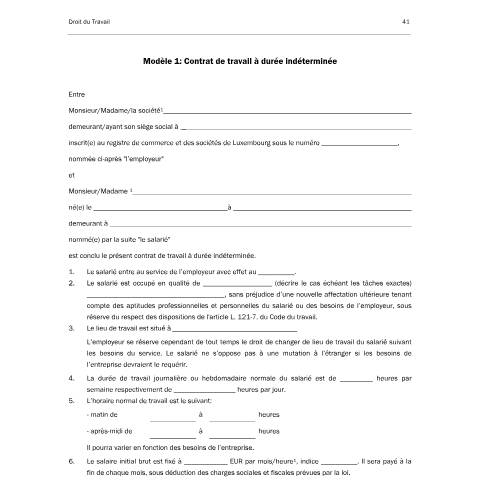 Aperçu du document Contrat à durée indéterminée - modèle de la Chambre des Métiers — Contrat recrutement, Luxembourg (CERFA n°modele-n-1-contrat-de-travail-a-duree-indeterminee)
