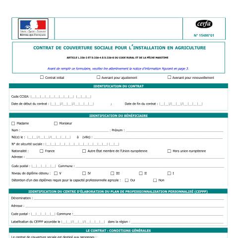 Aperçu du document Contrat de couverture sociale pour l'installation en agriculture — Professionnels, France (CERFA n°15486*01)