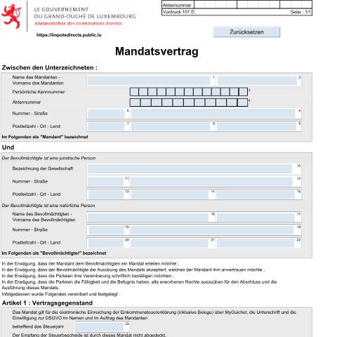 Aperçu du document Mandatsvertrag — Impôt sur le revenu, Luxembourg (CERFA n°101 D)
