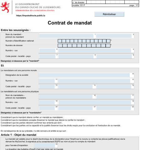Aperçu du document Contrat de mandat — Impôt sur le revenu, Luxembourg (CERFA n°101 F)