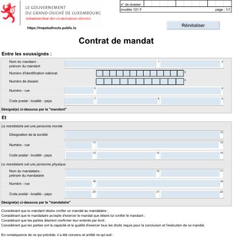 Aperçu du document Contrat de mandat – Modèle 101 sur le site de l’Administration des contributions directes (ACD) — Declaration impot, Luxembourg (CERFA n°101f)