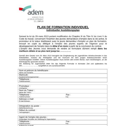 Aperçu du document Contrat d'initiation à l'emploi (CIE) - plan de formation Contrat d'initiation à l'emploi (CIE) - plan de formation — Contrat recrutement, Luxembourg (CERFA n°Plan-de-formatio-general)