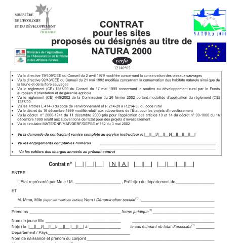 Aperçu du document Contrat pour les sites proposés ou désignés au titre de Natura 2000 — Professionnels, France (CERFA n°12146*02)
