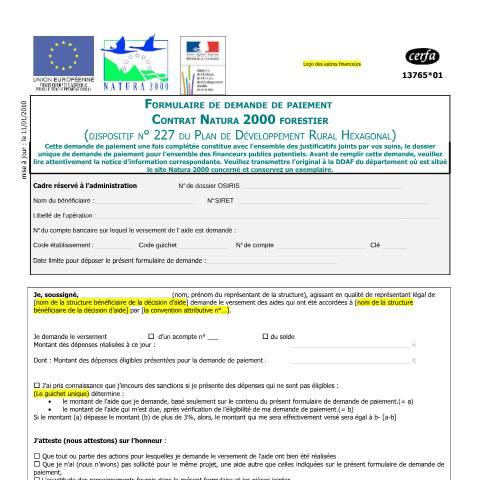 Aperçu du document Contrat Natura 2000 forestier - Demande de paiement — Professionnels, France (CERFA n°13765*01)