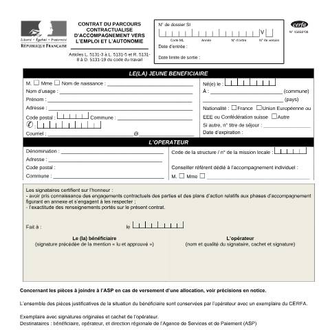 Aperçu du document Contrat du parcours contractualisé d'accompagnement vers l'emploi et l'autonomie — Particuliers, France (CERFA n°15656*06)