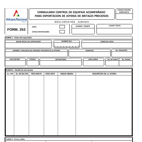 Vista previa del documento Formulario de Control de Equipaje Acompañado para Exportación de Joyería de Metales Preciosos — Formularios Aduana Nacional, Bolivia (CERFA n°Form 253)