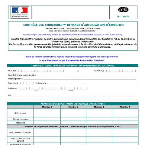 Aperçu du document Contrôle des structures - Demande d'autorisation d'exploiter — Professionnels, France (CERFA n°11534*04)