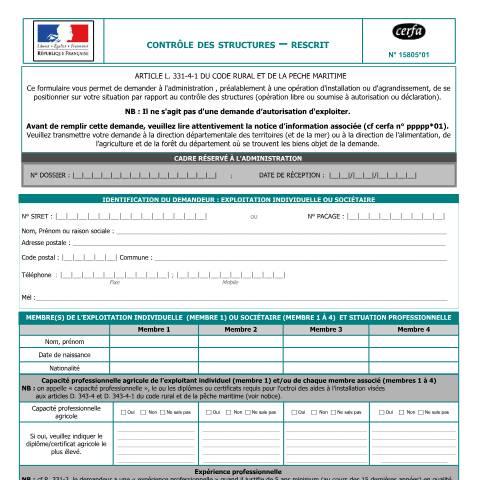 Aperçu du document Contrôle des structures – Rescrit — Professionnels, France (CERFA n°15805*01)