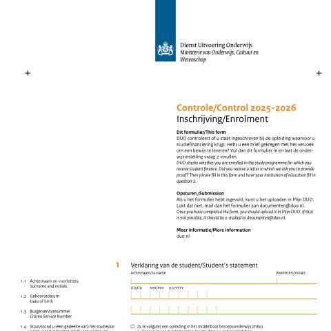 Documentvoorvertoning: Controle Inschrijving/Control Enrolment 2025-2026 — DUO — Formulieren studiefinanciering mbo, Nederland