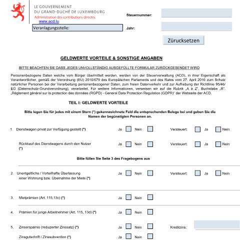 Aperçu du document Lohnsteuerprüfung - GwV & sonstige Angaben — Déclarations téléchargeables au format PDF - Erklärungen im PDF-Format herunterladbar - Declarations downloadable in pdf format, Luxembourg (CERFA n°980 D)