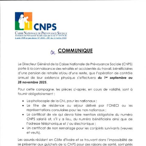 Aperçu du document OPERATION DE CONTROLE PHYSIQUE DES RETRAITES ET RENTIERS EN COTE D’IVOIRE — Document CNPS (prévoyance sociale), Côte d'Ivoire