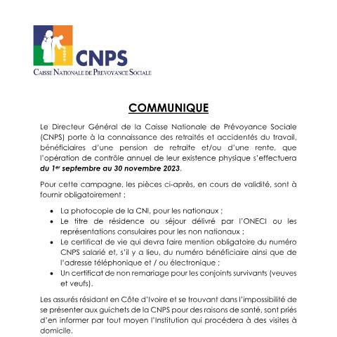 Aperçu du document OPERATION DE CONTROLE PHYSIQUE DES RETRAITES ET RENTIERS RESIDANT EN COTE D’IVOIRE — Document CNPS (prévoyance sociale), Côte d'Ivoire