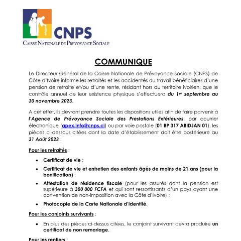 Aperçu du document OPERATION DE CONTROLE PHYSIQUE DES RETRAITES ET RENTIERS HORS DU TERRITOIRE IVOIRIEN — Document CNPS (prévoyance sociale), Côte d'Ivoire