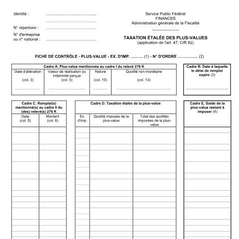 Aperçu du document Fiche de contrôle - plus-value — IPP INR/pers.phys., Belgique (CERFA n°155-276k1)