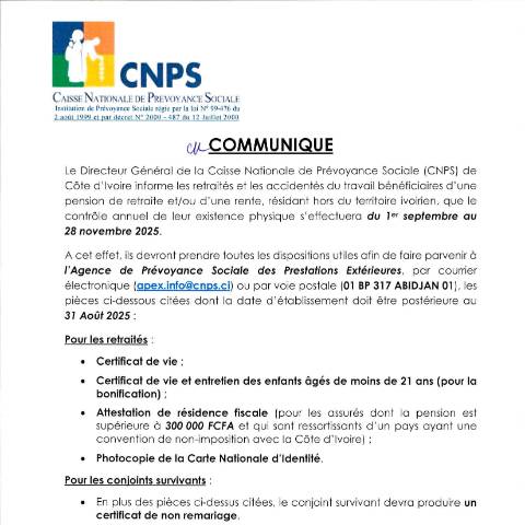 Aperçu du document OPERATION DE CONTROLE RETRAITES ET RENTIERS HORS COTE D’IVOIRE — Document CNPS (prévoyance sociale), Côte d'Ivoire
