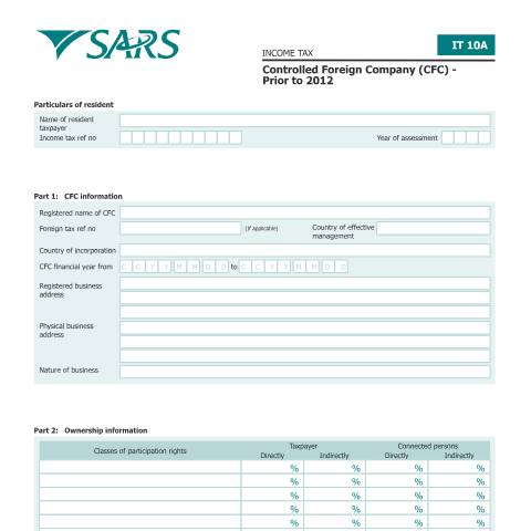 Document preview: IT10A – Controlled Foreign Company Prior 2012 – External Form — PDF Forms, South Africa (CERFA n°IT10A)