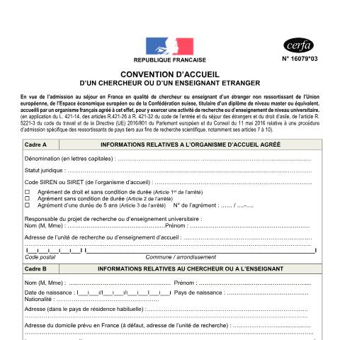 Aperçu du document Convention d'accueil d'un chercheur ou d'un enseignant étranger — Particuliers, France (CERFA n°16079*03)