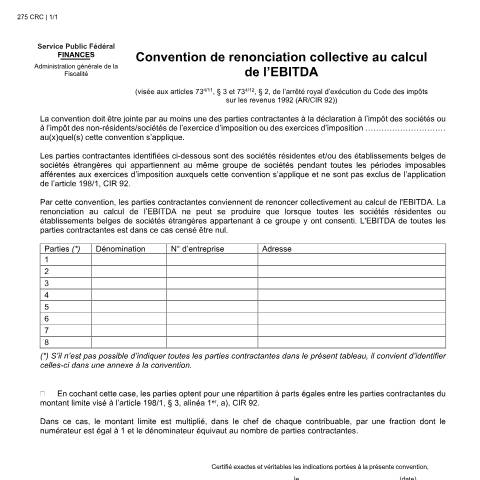 Aperçu du document Convention de renonciation collective au calcul de l’EBITDA (PDF, 142.58 Ko) — SPF Finances, Belgique (CERFA n°121-275-crc)