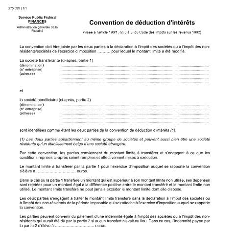 Aperçu du document Convention de déduction d'intérêts (PDF, 127.62 Ko) — SPF Finances, Belgique (CERFA n°121-275-cdi)
