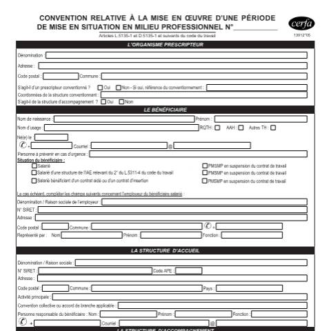 Aperçu du document Convention relative à la mise en œuvre d'une période de mise en situation en milieu professionnel — Particuliers, France (CERFA n°13912*05)
