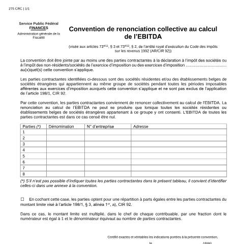 Aperçu du document Convention de renonciation collective au calcul de l’EBITDA (PDF, 146.62 Ko) — SPF Finances, Belgique (CERFA n°121-275-crc)