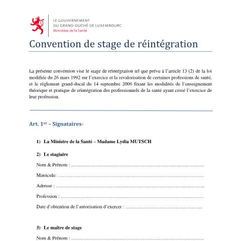 Aperçu du document Convention de stage de réintégration — Professions sante, Luxembourg (CERFA n°modele-convention)