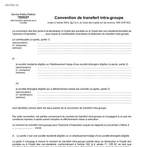 Aperçu du document Convention de transfert intra-groupe (PDF, 134.17 Ko) — SPF Finances, Belgique (CERFA n°121-275-ctig)