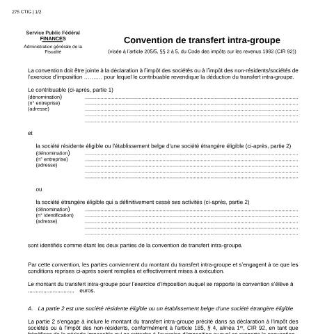Aperçu du document Convention de transfert intra-groupe (PDF, 91.18 Ko) — SPF Finances, Belgique (CERFA n°121-275-ctig)