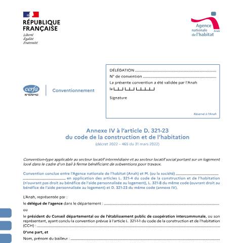 Aperçu du document Convention-type applicable au secteur locatif intermédiaire ou social portant sur un logement loué dans le cadre d'un bail à ferme bénéficiant de subventions pour travaux — Particuliers, France (CERFA n°15701*02)