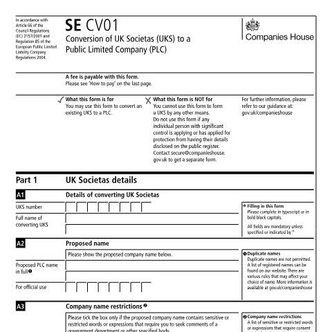 Document preview: Convert a UK societas to a public limited company (SE CV01) — Companies House, United Kingdom