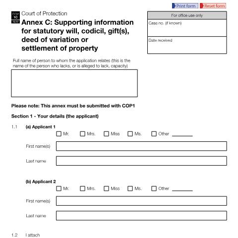 Document preview: Form COP1C: Apply to make decisions on someone's behalf (finances) — HM Courts & Tribunals Service, United Kingdom