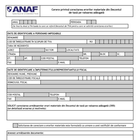 Document preview: Cerere privind corectarea erorilor materiale din Decontul de taxă pe valoarea adăugată (OPANAF 3604/2015, OPANAF 779/2024) — Cereri, România (CERFA n°Anexa1_1_OPANAF_3604_2015)