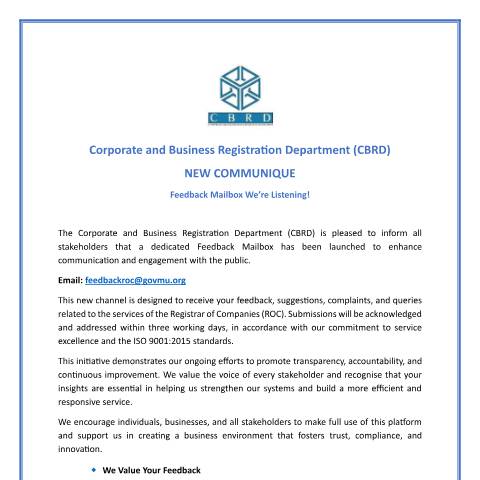 Document preview: Corporate and Business Registration Department_Feedback_Mailbox — Reference, Mauritius (CERFA n°Corporate-and-Business-Registration-Department_Feedback_Mailbox)