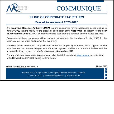 Document preview: Filing of Corporate Tax Return for the Year of Assessment 2025-2026 (31.07025) — Form, Mauritius (CERFA n°Communique310725)